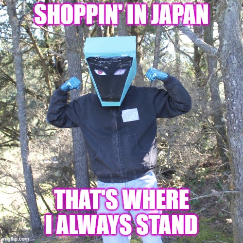 Shoppin' in Japan | Shoppin' in japan; That's where I always stand | image tagged in north west's biggest fan flexing,north west,kanye west,kanye,japan,daft punk | made w/ Imgflip meme maker