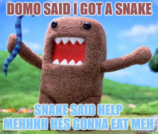 domoooooo!!!!!! | domo said i got a snake; snake said help mehhhh hes gonna eat meh | image tagged in domo | made w/ Imgflip meme maker