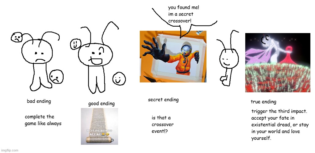 obviously drawn by me, of course | image tagged in meme,shitpost,game endings | made w/ Imgflip meme maker