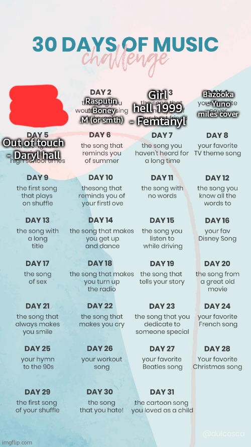 todays song was one of our bell musics last year | Girl hell 1999 - Femtanyl; Bazooka - Yuno miles cover; Rasputin - Boney .M (or smth); Out of touch - Daryl hall | image tagged in music challenge | made w/ Imgflip meme maker