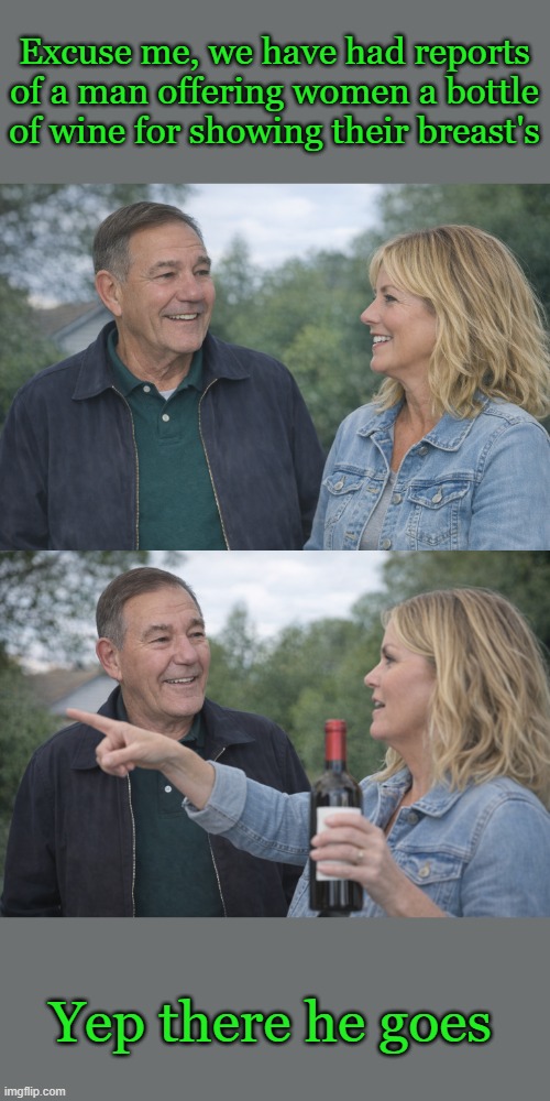 Be safe out there | Excuse me, we have had reports of a man offering women a bottle of wine for showing their breast's; Yep there he goes | image tagged in breast's,wine,kewlew | made w/ Imgflip meme maker