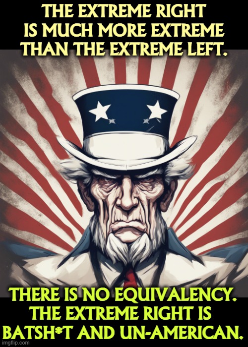The extreme right is much more extreme than the extreme left. There is no equivalency. The extreme right is 
batsh*t and un-American. | image tagged in uncle sam,extreme,leftists,alt right,qanon,maga | made w/ Imgflip meme maker