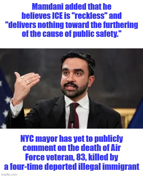 Deport this scum. | Mamdani added that he believes ICE is "reckless" and "delivers nothing toward the furthering of the cause of public safety."; NYC mayor has yet to publicly comment on the death of Air Force veteran, 83, killed by a four-time deported illegal immigrant | made w/ Imgflip meme maker