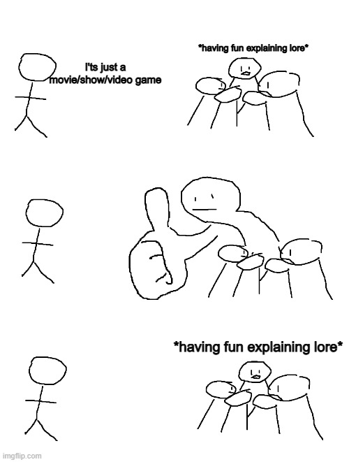 someone's got a frowny face | *having fun explaining lore*; I'ts just a movie/show/video game; *having fun explaining lore* | image tagged in giant thumb guy,memes,funny,lore,so true,relatable | made w/ Imgflip meme maker