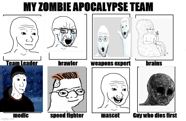 Oh my god this took me so long to make! | image tagged in my zombie apocalypse team,wojak,memes | made w/ Imgflip meme maker
