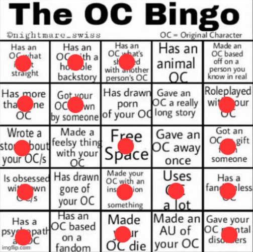 2 bingos babyyyyyyyyyyyyyyyyy | image tagged in the oc bingo | made w/ Imgflip meme maker