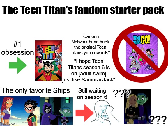 Teen Titans fan starter pack | The Teen Titan's fandom starter pack; #1 obsession; "Cartoon Network bring back the original Teen Titans you cowards"; "I hope Teen Titans season 6 is on [adult swim] just like Samurai Jack"; The only favorite Ships; Still waiting on season 6; ??? ??? | image tagged in blank white template,teen titans,dc comics,starter pack,fandom | made w/ Imgflip meme maker