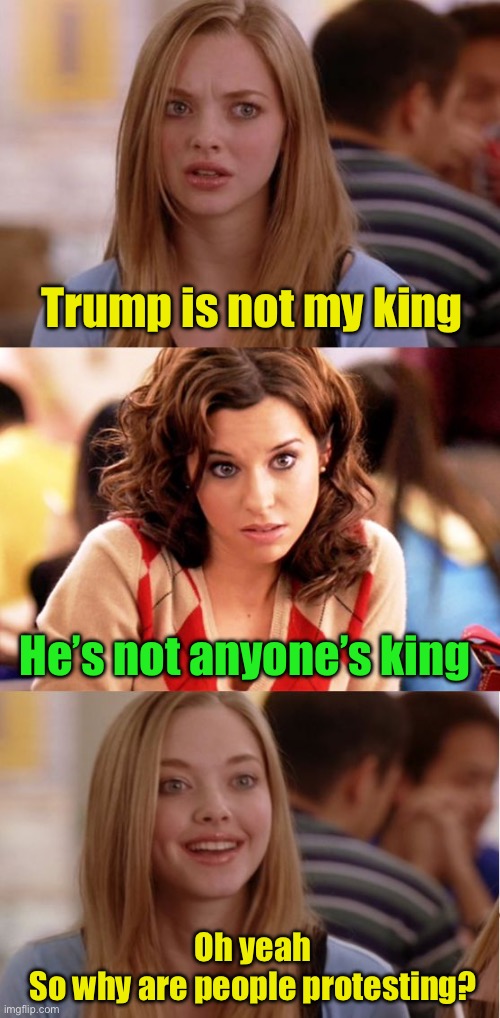 Why are they protesting . . . again? | Trump is not my king; He’s not anyone’s king; Oh yeah
So why are people protesting? | image tagged in blonde pun,kings,liberal logic | made w/ Imgflip meme maker