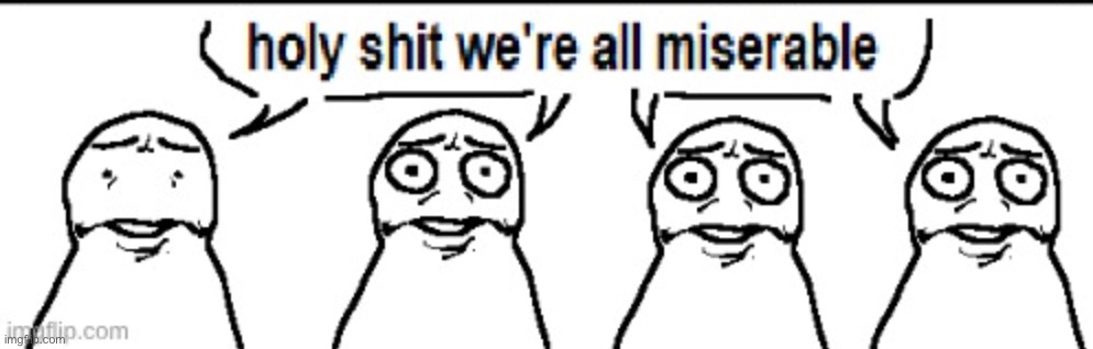 holy shit we're all miserable | image tagged in holy shit we're all miserable | made w/ Imgflip meme maker