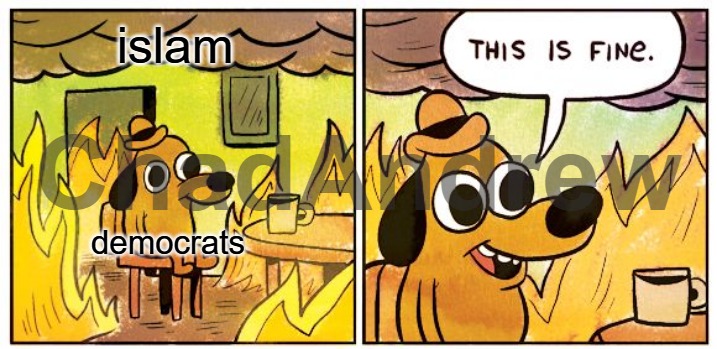 If you continue ignoring the problem, you die by their hand or become a slave to them. | islam; democrats | image tagged in memes,this is fine,democrats,islam,terrorism,united states of america | made w/ Imgflip meme maker