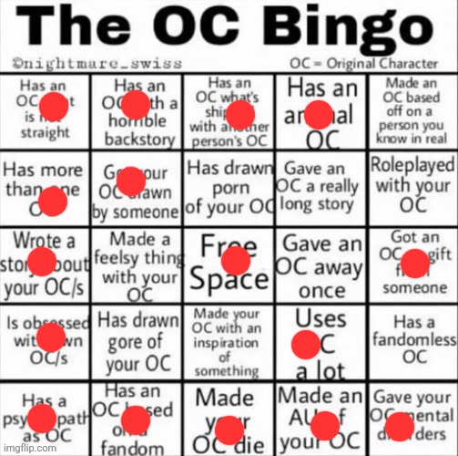 THATS LIKE THREE BINGOS WOW | image tagged in the oc bingo | made w/ Imgflip meme maker