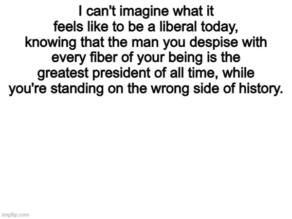 Must be tough... | I can't imagine what it feels like to be a liberal today, knowing that the man you despise with every fiber of your being is the greatest president of all time, while you're standing on the wrong side of history. | image tagged in memes,funny,conservatives,politics,political meme | made w/ Imgflip meme maker