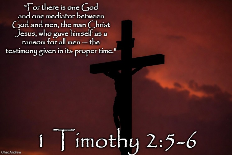 Bible Verse of the Day | "For there is one God and one mediator between God and men, the man Christ Jesus, who gave himself as a ransom for all men — the testimony given in its proper time."; 1 Timothy 2:5-6 | image tagged in christiansonly,jesus christ,cross,sin,christianity | made w/ Imgflip meme maker