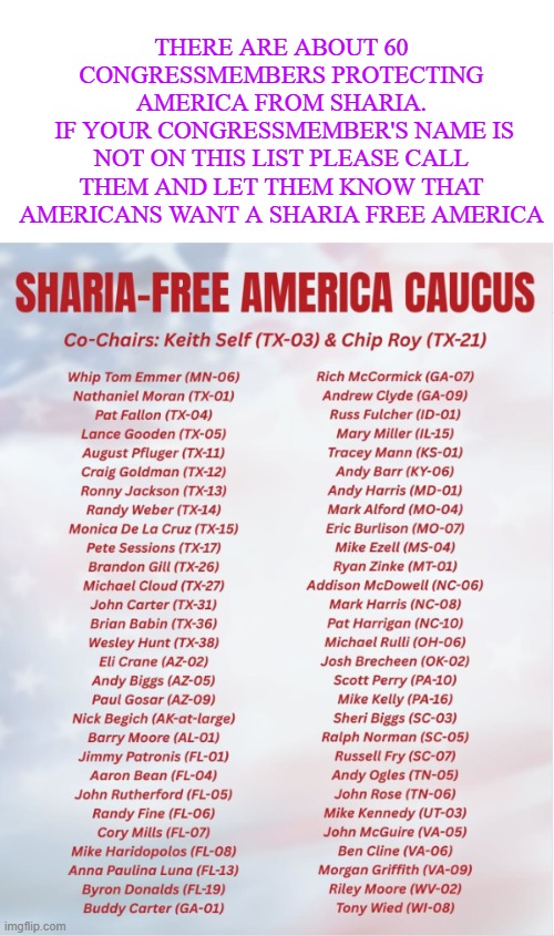 sharia-free America | There are about 60 congressmembers protecting America from sharia.
 if your congressmember's name is not on this list please call them and let them know that Americans want a sharia free America | made w/ Imgflip meme maker