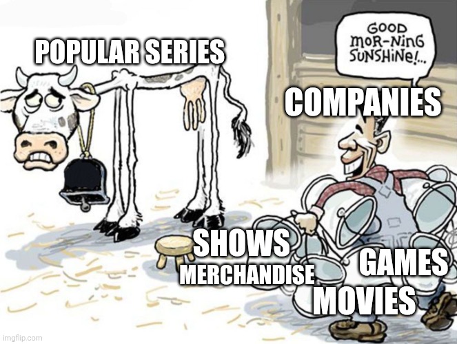 Technically Rovio and Nickelodeon in a nutshell | Popular series; Companies; Games; shows; Merchandise; Movies | image tagged in milking the cow,capitalism,money,memes,truth | made w/ Imgflip meme maker
