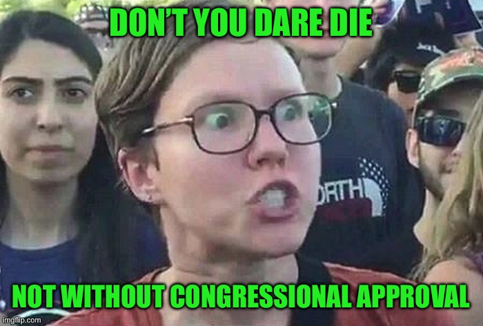 Triggered Liberal | Don’t you dare die Not without congressional approval | image tagged in triggered liberal | made w/ Imgflip meme maker