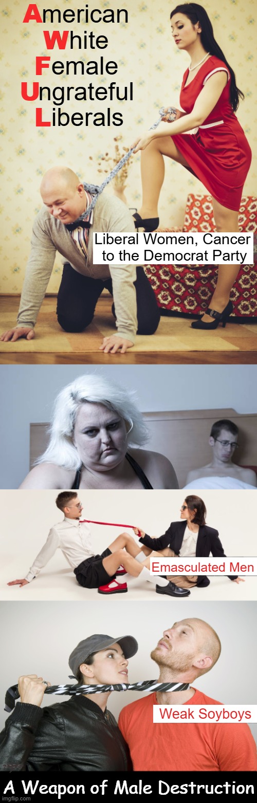 "AWFUL" Deserve a Great Deal of Credit for The Destruction of the Democrat Party | American 
White 
Female 
Ungrateful 
Liberals; A; W; F; U; L; Liberal Women, Cancer 
to the Democrat Party; Emasculated Men; Weak Soyboys; A Weapon of Male Destruction | image tagged in liberals,democrats,crying democrats,awful,weapon of mass destruction,political humor | made w/ Imgflip meme maker