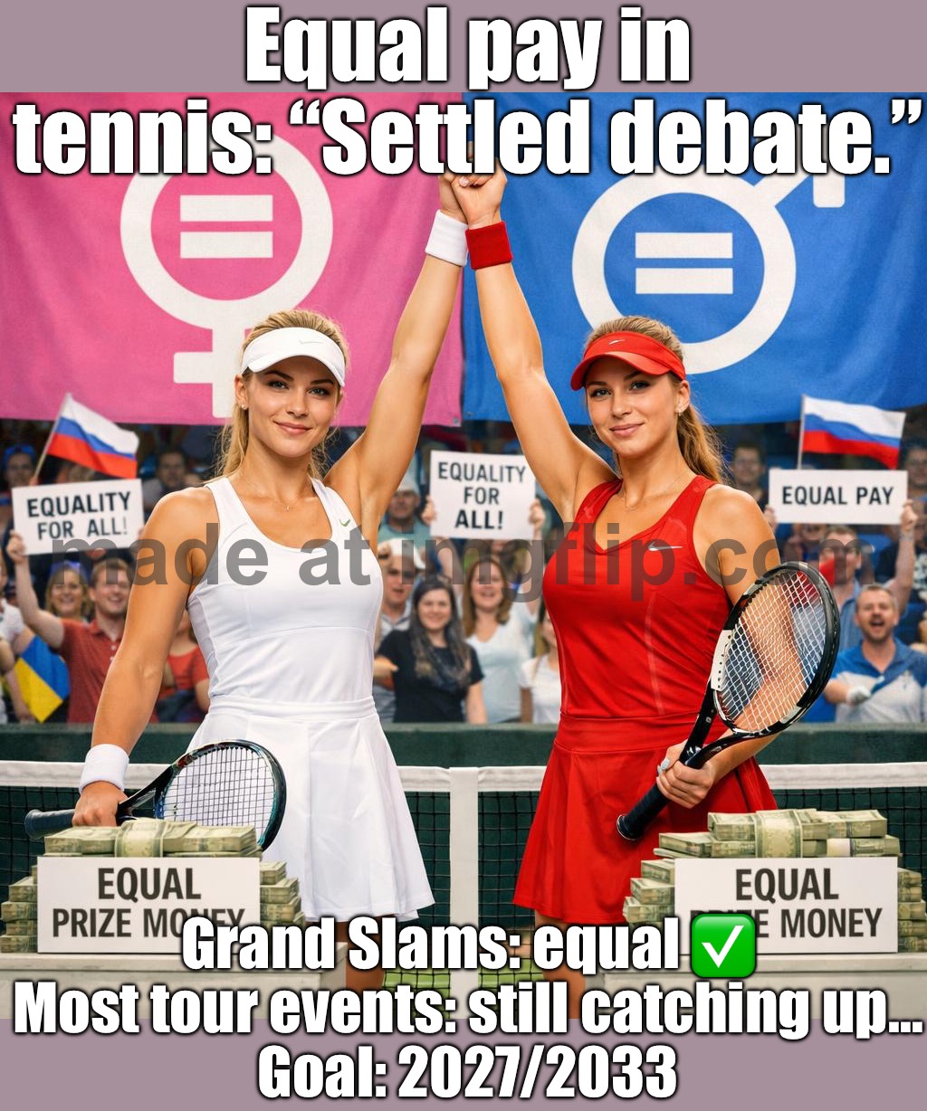 Equal work, equal pressure, equal glory; But prize money still swings between market value and equality | Equal pay in tennis: “Settled debate.”; Grand Slams: equal ✅
Most tour events: still catching up…
Goal: 2027/2033 | image tagged in tennis,equality,gender equality,men vs women,sexism,equal rights | made w/ Imgflip meme maker