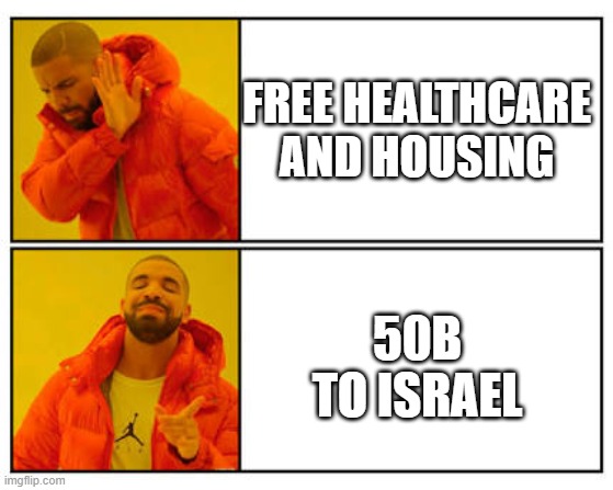 No - Yes | free healthcare and housing; 50b to israel | image tagged in no - yes | made w/ Imgflip meme maker