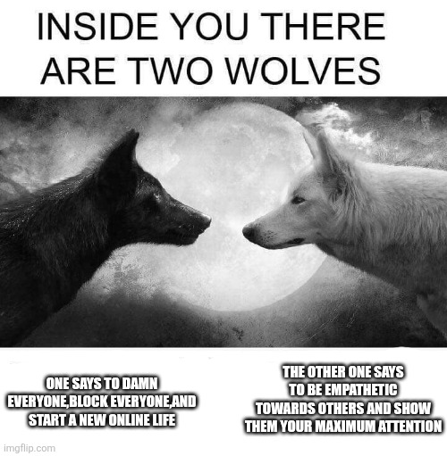 Inside you there are two wolves | The other one says to be empathetic towards others and show them your maximum attention; One says to damn everyone,block everyone,and start a new online life | image tagged in inside you there are two wolves | made w/ Imgflip meme maker