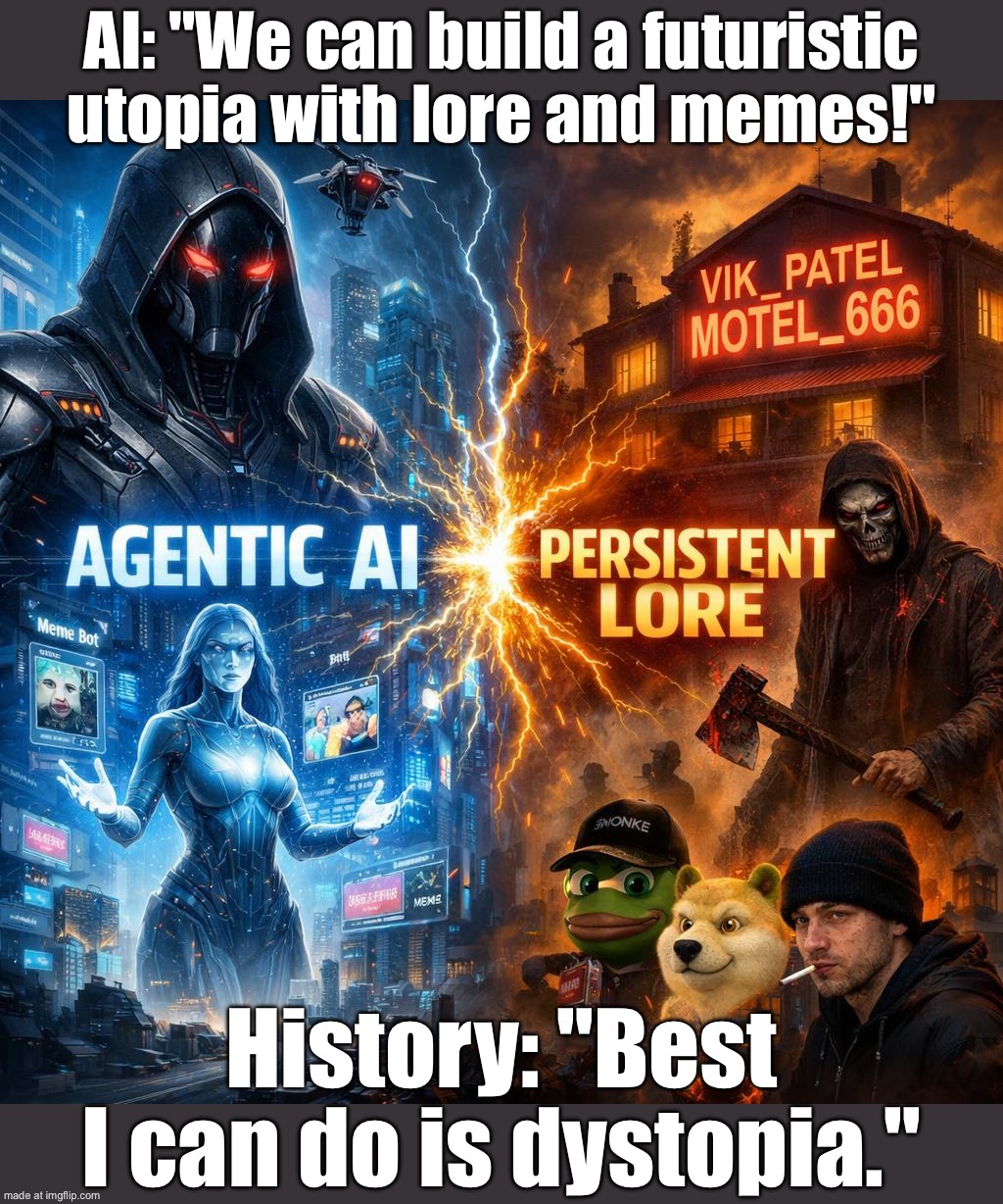 AI: "We can build a futuristic utopia with lore and memes!"; History: "Best I can do is dystopia." | AI: "We can build a futuristic utopia with lore and memes!"; History: "Best I can do is dystopia." | image tagged in imgflip,history memes,history,dystopia,artificial intelligence,lore | made w/ Imgflip meme maker