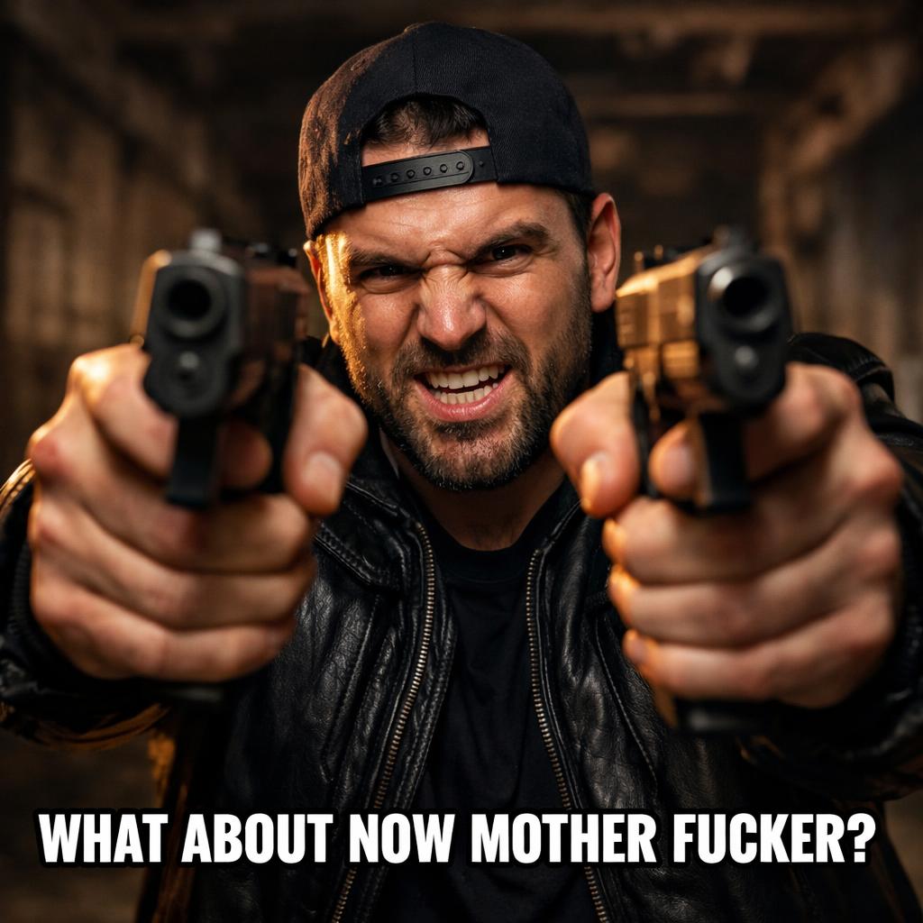 a guy is pointing 2 guns at you and on the bottom of the screen Blank Meme Template