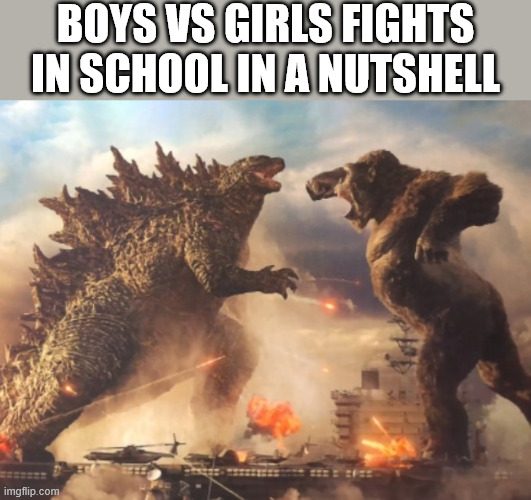 Godzilla VS. kong | boys vs girls fights in school in a nutshell | image tagged in godzilla vs kong | made w/ Imgflip meme maker