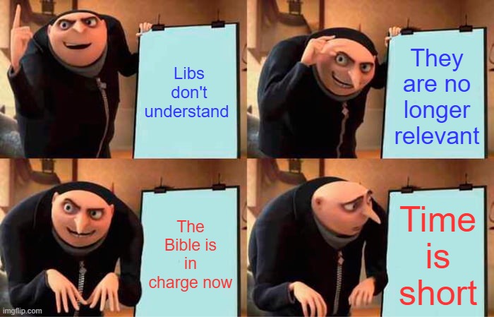 Gods Plan not yours | Libs don't understand; They are no longer relevant; The Bible is in charge now; Time is short | image tagged in memes,gru's plan | made w/ Imgflip meme maker
