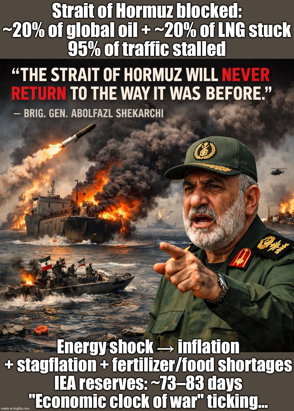 Economic clock of war: $120→$200 oil, stagflation, food shocks, and reserves lasting ~80 days | Strait of Hormuz blocked: ~20% of global oil + ~20% of LNG stuck
95% of traffic stalled; Energy shock → inflation + stagflation + fertilizer/food shortages
IEA reserves: ~73–83 days
"Economic clock of war" ticking… | image tagged in iran war,inflation,oil,iran,donald trump,economy | made w/ Imgflip meme maker