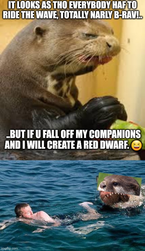 It looks as tho everybody haf to ride the wave, totally narly b-rav!.. ..but if u fall off my companions and i will create a red dwarf. ? | image tagged in disgusted otter,shark attack | made w/ Imgflip meme maker