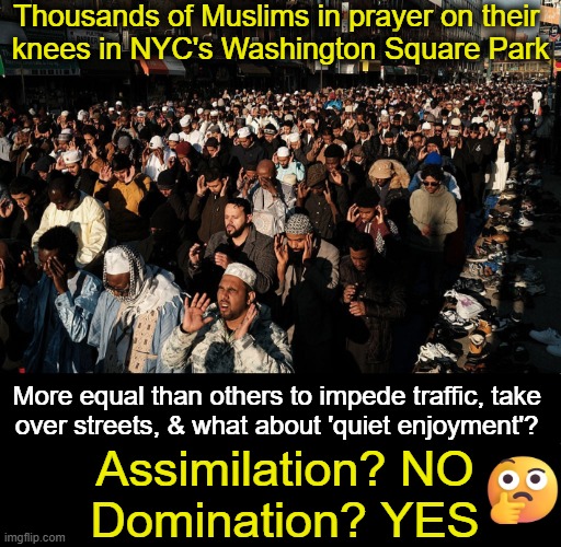 America thrives in unity of traditional values, morals, & standards. | Thousands of Muslims in prayer on their 
knees in NYC's Washington Square Park; More equal than others to impede traffic, take 
over streets, & what about 'quiet enjoyment'? Assimilation? NO
Domination? YES | image tagged in unity,community standards,assimilation,domination,liberals vs conservatives,america | made w/ Imgflip meme maker
