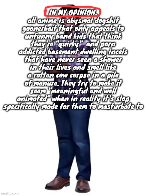 Sonic guy | IN MY OPINION, all anime is abysmal dogshit goonerbait that only appeals to unfunny band kids that think they're "quirky"  and porn addicted basement dwelling incels that have never seen a shower in their lives and smell like a rotten cow corpse in a pile of manure. They try to make it seem "meaningful and well animated" when in reality it's slop specifically made for them to masturbate to | image tagged in sonic guy | made w/ Imgflip meme maker