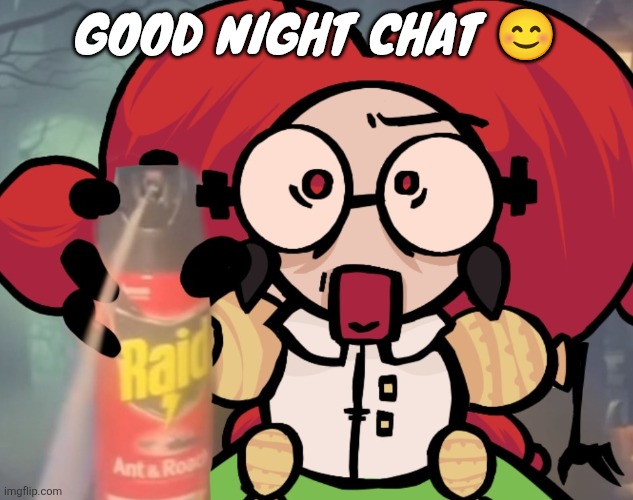 Mme. Brot sprays Raid at you maliciously | Good night chat 😊 | image tagged in mme brot sprays raid at you maliciously | made w/ Imgflip meme maker