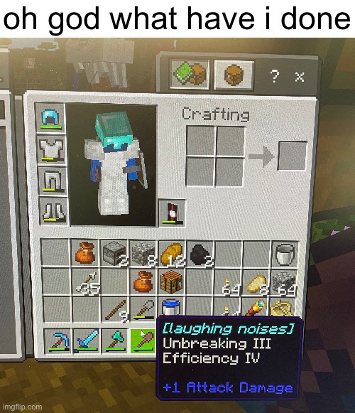 it’s a wooden shovel btw | oh god what have i done | image tagged in help,what have i done,minecraft,memes,minecraft memes | made w/ Imgflip meme maker