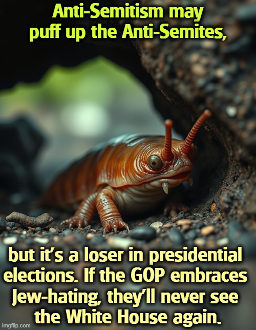 Anti-Semitism may puff up the Anti-Semites, but it's a loser in presidential 
elections. If the GOP embraces 
Jew-hating, they'll never see 
the White House again. | image tagged in trump,gop,qanon,maga,anti-semitism,jews | made w/ Imgflip meme maker