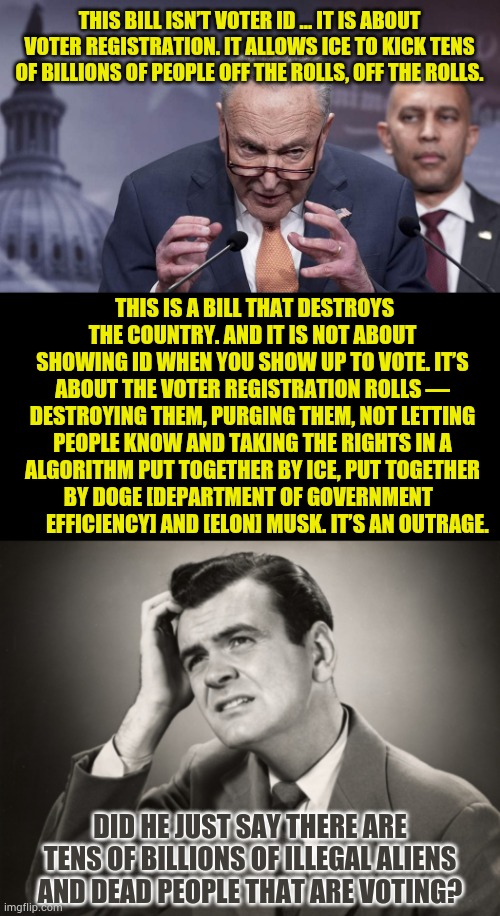 Did He Just Say There Are Tens Of Billions Of Illegal Aliens And Dead People Voting? | This bill isn’t voter ID … It is about voter registration. It allows ICE to kick tens of billions of people off the rolls, off the rolls. This is a bill that destroys the country. And it is not about showing ID when you show up to vote. It’s about the voter registration rolls — destroying them, purging them, not letting people know and taking the rights in a algorithm put together by ICE, put together by DOGE [Department of Government  
       Efficiency] and [Elon] Musk. It’s an outrage. Did he just say there are tens of billions of illegal aliens and dead people that are voting? | image tagged in evil chuck schumer,illegal aliens,dead people,voting,politics,memes | made w/ Imgflip meme maker