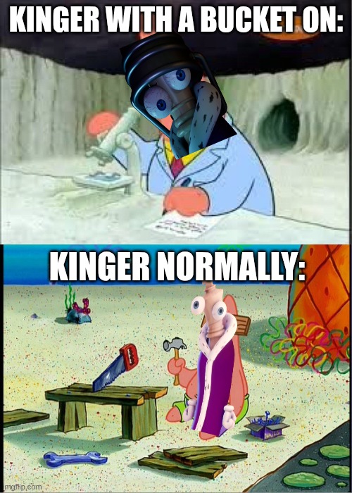 PAtrick, Smart Dumb | Kinger with a bucket on:; Kinger Normally: | image tagged in patrick smart dumb | made w/ Imgflip meme maker