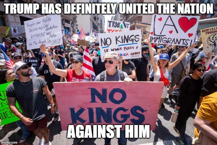 Trump Unites The Nation | Trump has definitely united the nation; against him | image tagged in donald trump,no kings | made w/ Imgflip meme maker