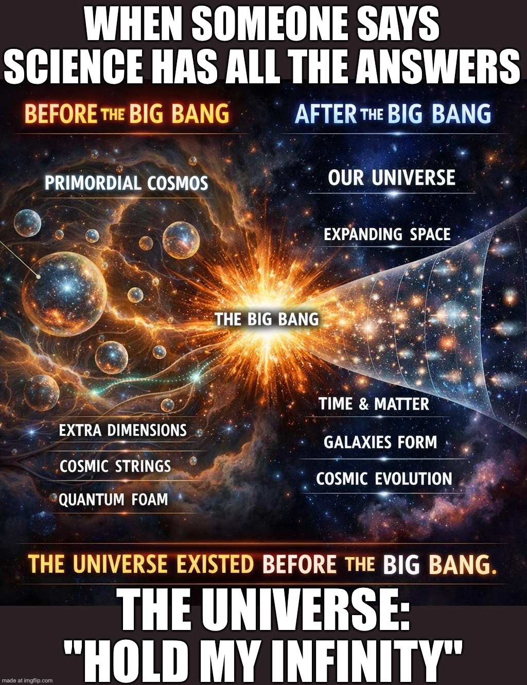 SCIENCE: THE UNIVERSE BEGAN WITH A BIG BANG; ME: SO YOU'RE TELLING ME SOMETHING CAME FROM NOTHING? | WHEN SOMEONE SAYS SCIENCE HAS ALL THE ANSWERS; THE UNIVERSE: "HOLD MY INFINITY" | image tagged in universe,god religion universe,anti-religion,science,the big bang theory,big bang | made w/ Imgflip meme maker
