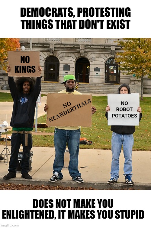 Democrat, why don't you protest mecha-godzilla next? Or unicorns? | Democrats, protesting things that don't exist; No Kings; No robot potatoes; No Neanderthals; Does not make you enlightened, it makes you stupid | image tagged in 3 demonstrators holding signs,liberal hypocrisy,stupid people,embarassing,modern problems,crying democrats | made w/ Imgflip meme maker