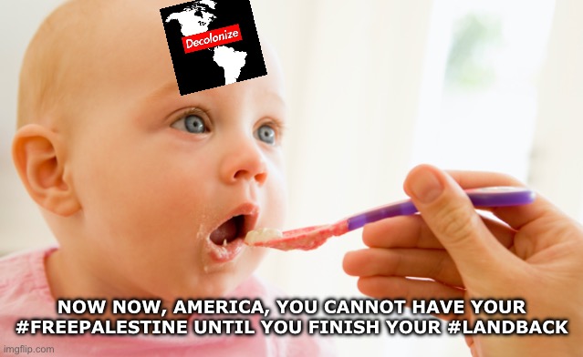 Spoon feed | Now now, America, you cannot have your #FreePalestine until you finish your #LandBack | image tagged in spoon feed | made w/ Imgflip meme maker