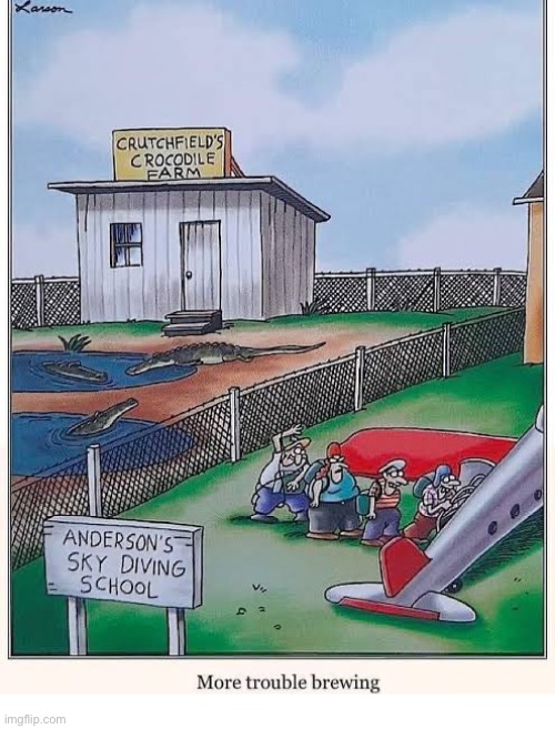 Plenty of “meat” for those crocs… | image tagged in the far side,comics,trouble brewing,skydiving,crocodiles,inevitability | made w/ Imgflip meme maker