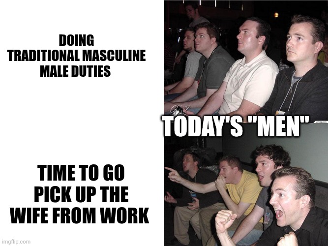 Reaction Guys | Doing traditional masculine male duties; Today's "men"; Time to go pick up the wife from work | image tagged in reaction guys | made w/ Imgflip meme maker