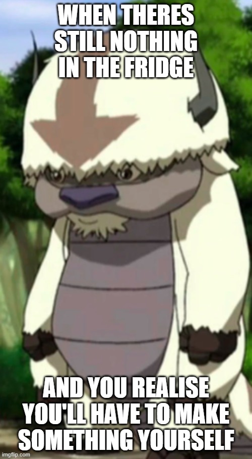 >:( | when theres still nothing in the fridge; and you realise you'll have to make something yourself | image tagged in standing appa | made w/ Imgflip meme maker