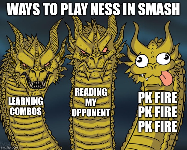 PK FIRE!!! in a nutshell | WAYS TO PLAY NESS IN SMASH; READING MY OPPONENT; PK FIRE PK FIRE PK FIRE; LEARNING COMBOS | image tagged in three-headed dragon | made w/ Imgflip meme maker