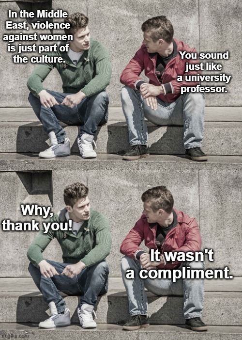 In the Middle 
East, violence 
against women 
is just part of 
the culture. You sound just like a university professor. Why, thank you! It wasn't a compliment. | image tagged in you've been invited to dumbass university | made w/ Imgflip meme maker