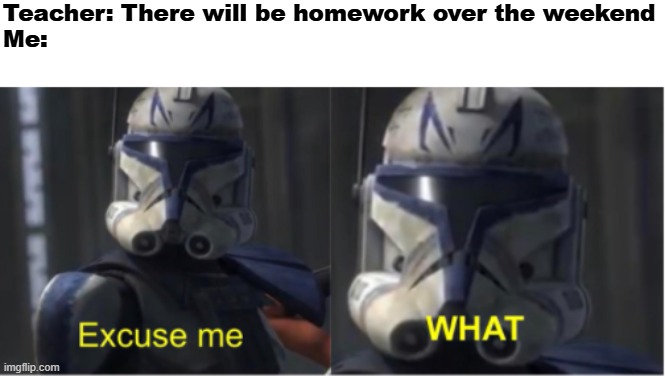 Excuse me what | Teacher: There will be homework over the weekend
Me: | image tagged in excuse me what | made w/ Imgflip meme maker