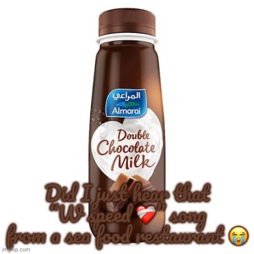 Almarai Double Chocolate Milk | Did I just hear that “W speed ❤️‍🩹” song from a sea food restaurant 😭 | image tagged in almarai double chocolate milk | made w/ Imgflip meme maker