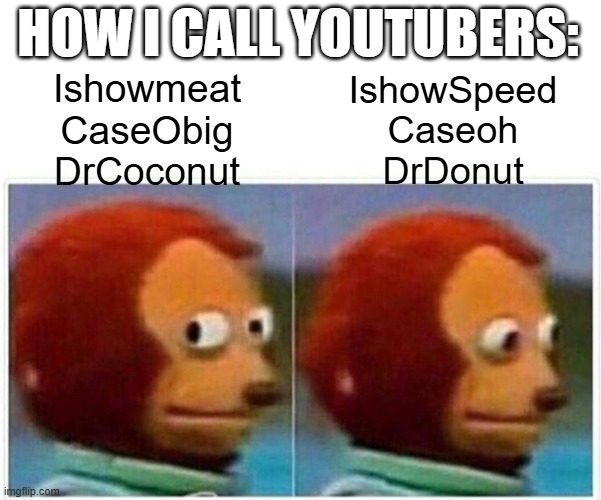How i call youtubers | How i call youtubers:; Ishowmeat
CaseObig
DrCoconut; IshowSpeed
Caseoh
DrDonut | image tagged in memes,monkey puppet | made w/ Imgflip meme maker