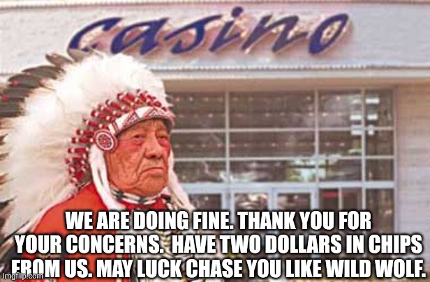 We are doing fine. Thank you for your concerns.  Have two dollars in chips from us. May luck chase you like wild wolf. | made w/ Imgflip meme maker